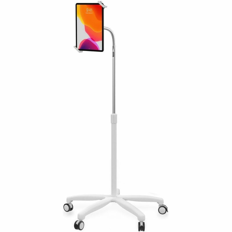 Medical tablet floor stand showing flexible positioning capabilities with gooseneck arm and secure tablet mount