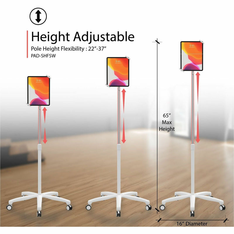 Diagram showing height adjustment range of medical tablet floor stand from 22 to 65 inches