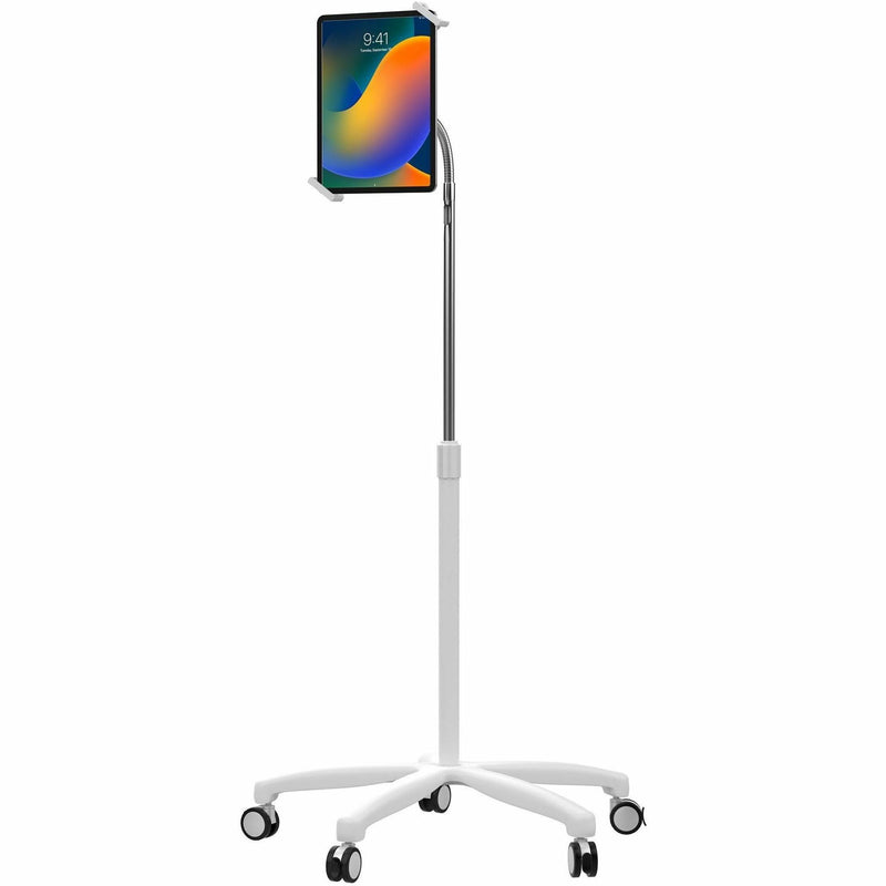 White medical tablet floor stand with flexible gooseneck arm and five-wheel base displaying a tablet in portrait orientation