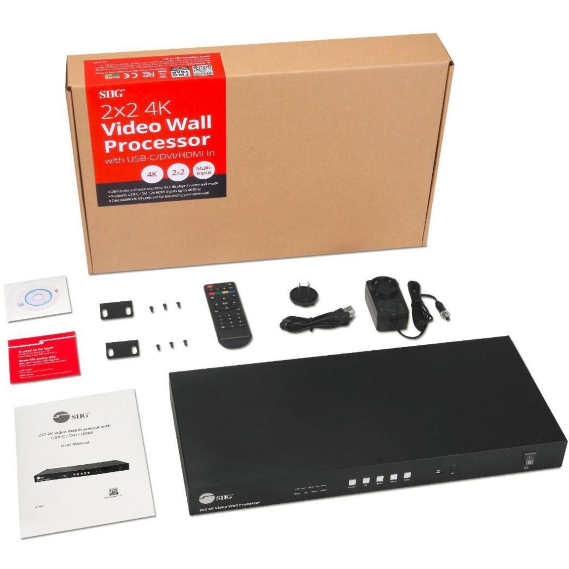 Complete package contents of SIIG video wall processor including main unit, accessories, and documentation-alternate-image2