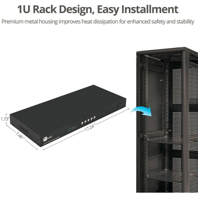 1U rack mount design showing dimensions and installation compatibility