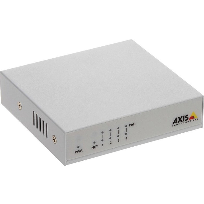 AXIS D8004 4-port unmanaged PoE switch in light gray metal casing with LED indicators for power, network, and PoE status