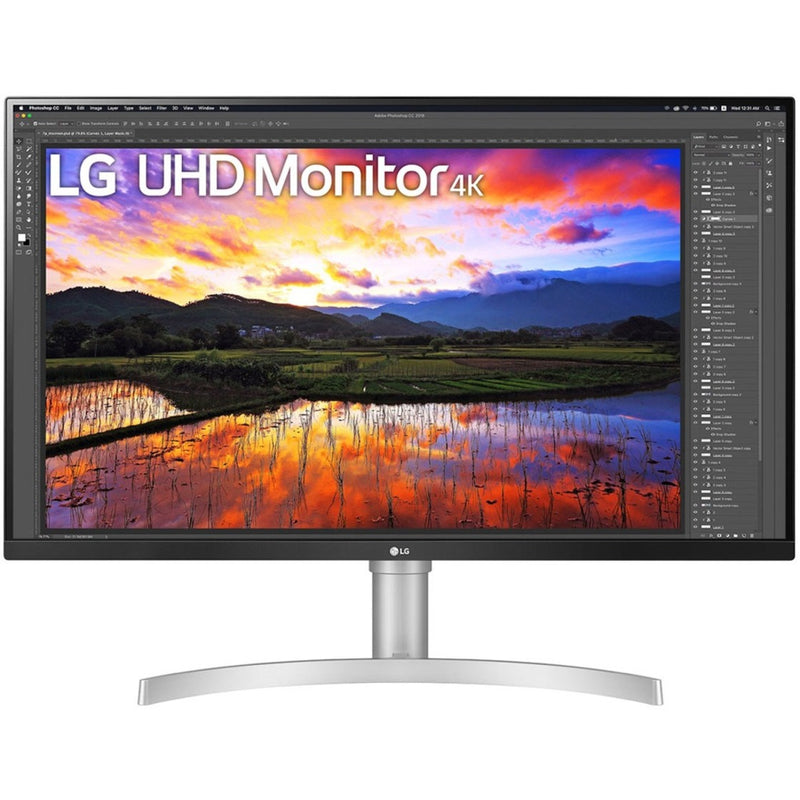 Side angle view of LG 32BN67U-B monitor showing adjustable stand and slim profile