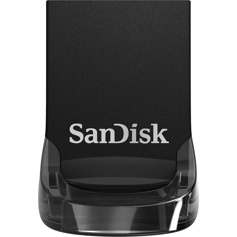 Front view of SanDisk Ultra Fit USB drive showing logo and sleek design