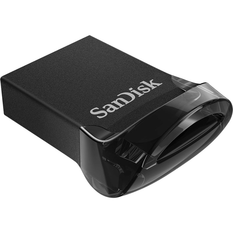 Close-up view of SanDisk Ultra Fit USB drive emphasizing its compact design and protective features