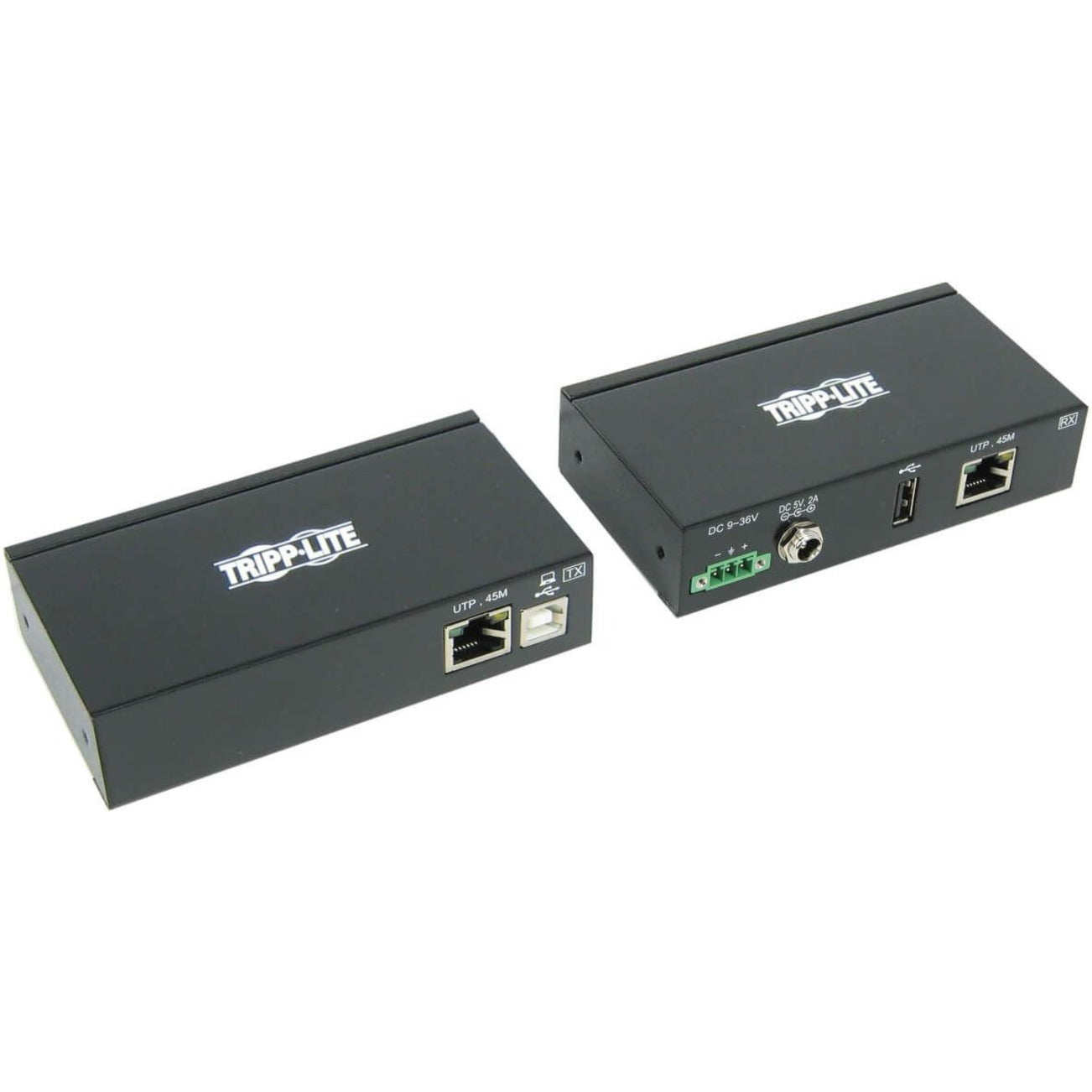 Front view of Tripp Lite B203-101-IND transmitter and receiver units showing USB and RJ-45 ports-alternate-image1