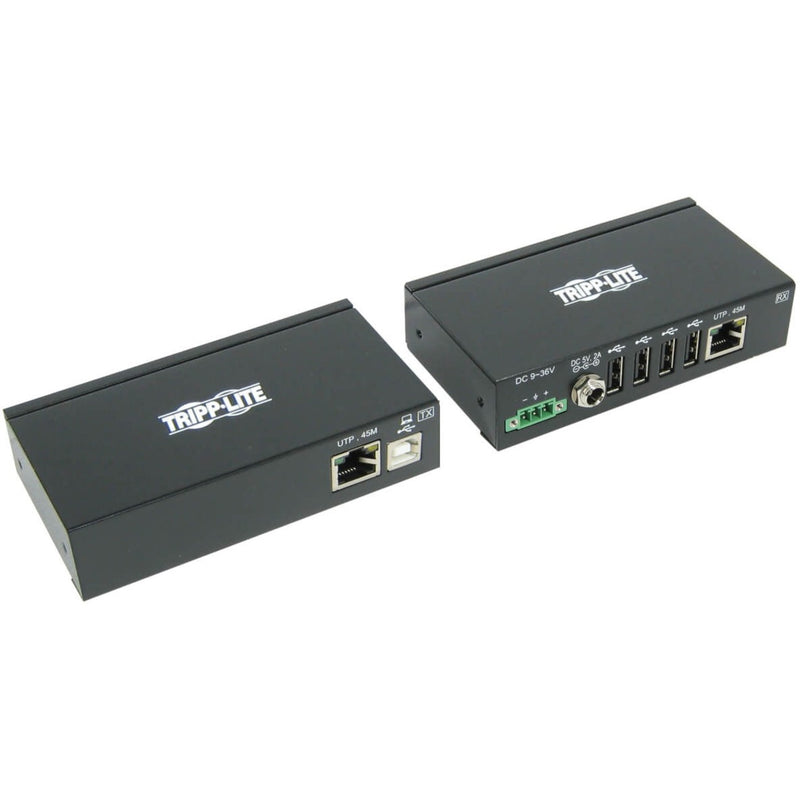 Tripp Lite B203-104-IND industrial USB extender kit showing transmitter and receiver units with RJ-45 and USB ports