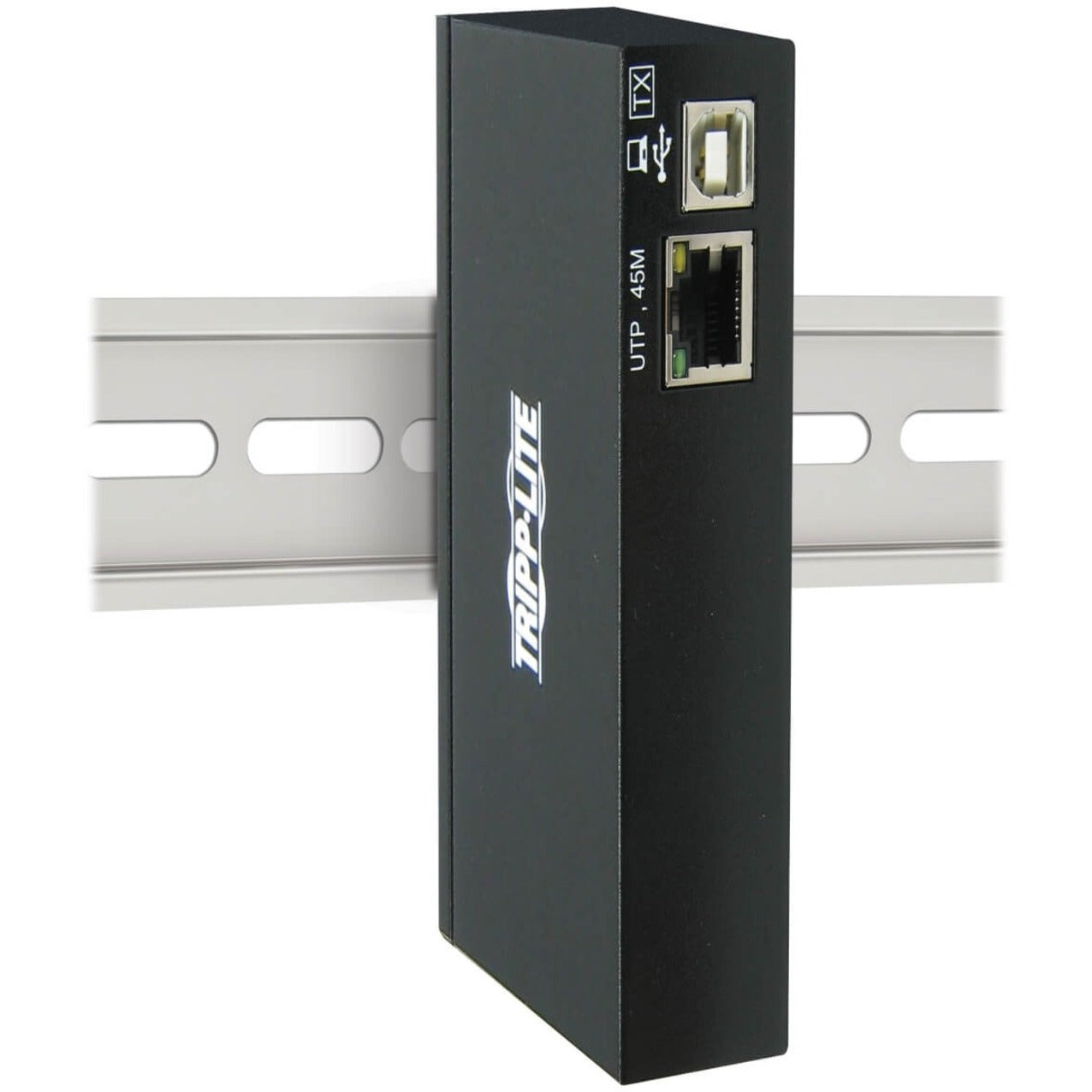 Side view of Tripp Lite transmitter unit mounted on DIN rail showing USB and network ports-alternate-image2