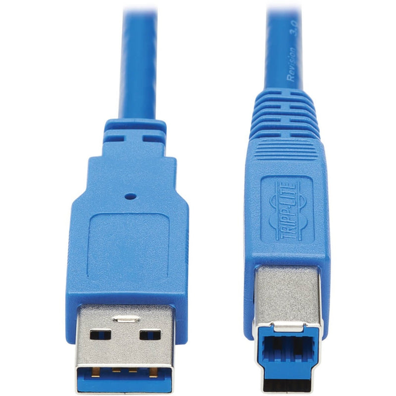 Close-up of blue USB Type-A and Type-B connectors showing contact design