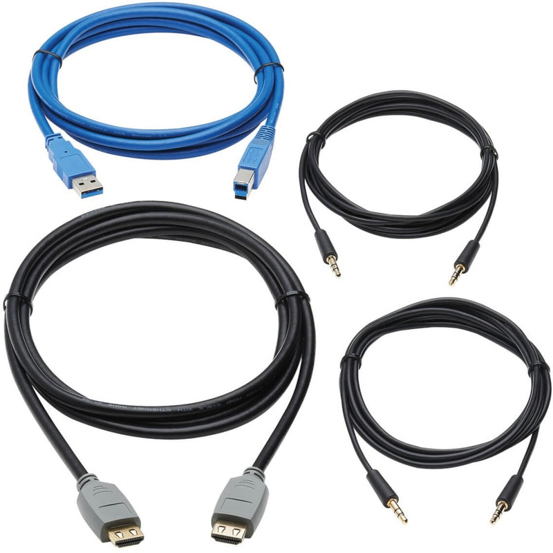 Complete cable kit showing blue USB cable, black HDMI cable, and black audio cables arranged in a display