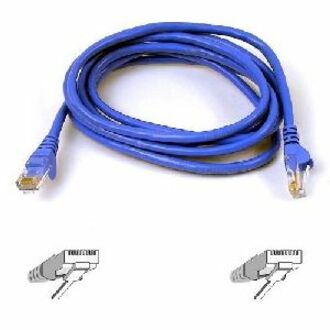 Belkin Cat 6 blue network patch cable with RJ45 connectors and snagless boots, shown coiled with connector diagrams