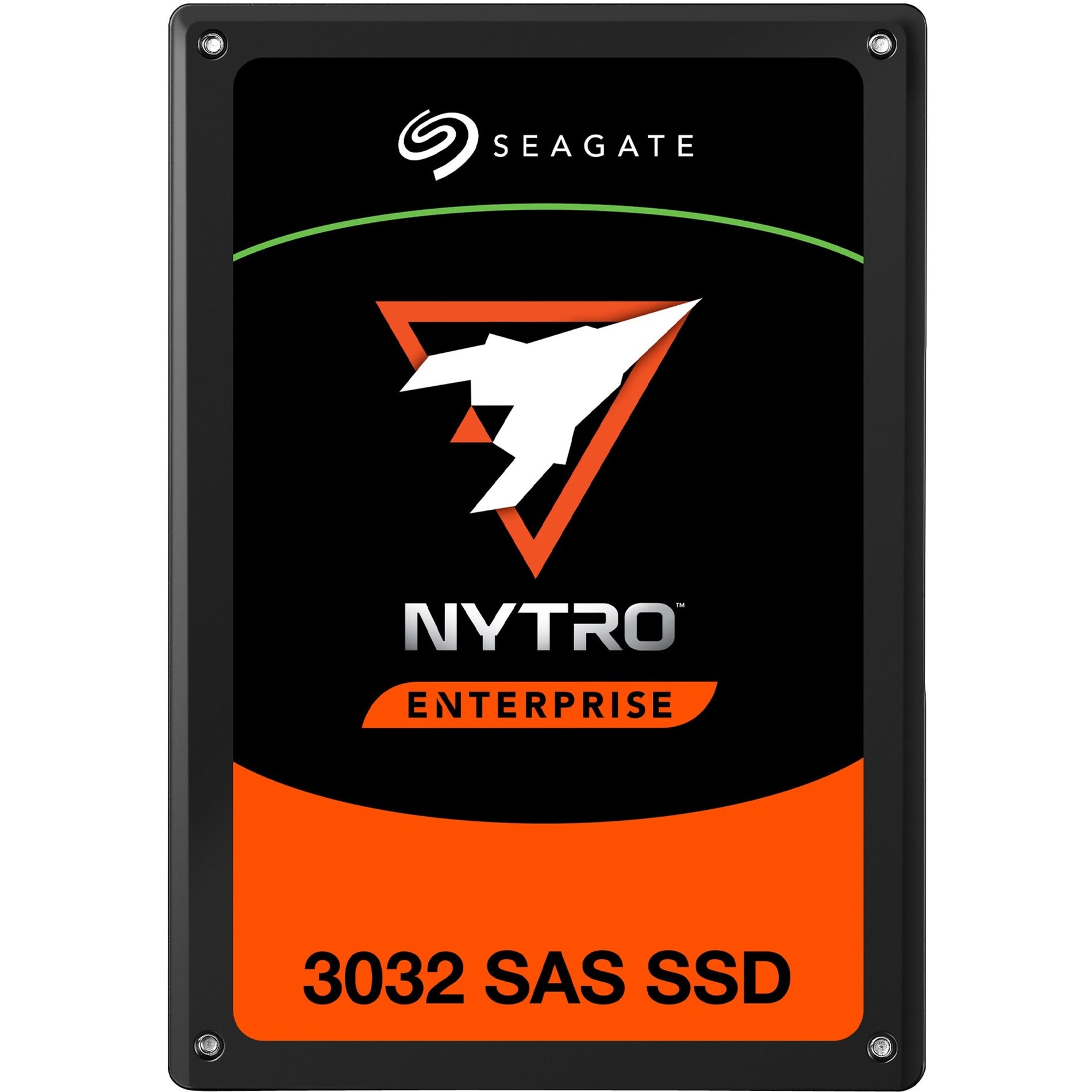 Front view of Seagate Nytro 3032 Enterprise SAS SSD featuring black casing with orange accents and Nytro branding-alternate-image1