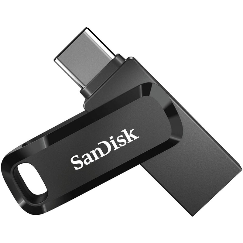 SanDisk Ultra Dual Drive Go USB flash drive with swivel design showing USB Type-C connector in black finish