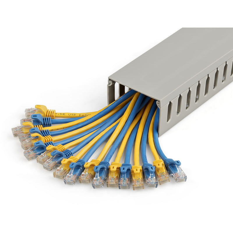 Cable raceway showing multiple ethernet cables properly organized