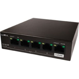 On-Q SW-100-04P 4-port Gigabit PoE+ switch showing front panel with LED indicators and network ports