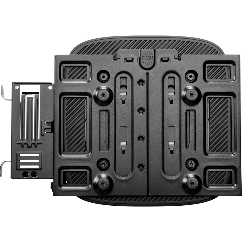 Rear view of HP Dual VESA Mount Bracket showing mounting mechanism and ventilation design