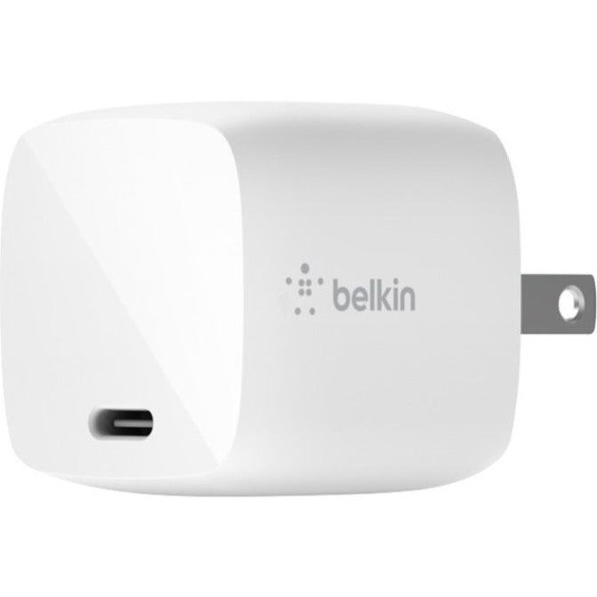 Side view of Belkin GaN charger showing folding prongs and brand logo