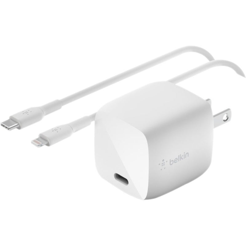 Belkin 30W GaN wall charger with included USB-C to Lightning cable in white color