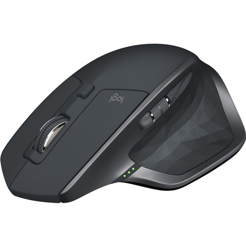 Logitech MX Master 2S wireless mouse in graphite color showing ergonomic design and customizable buttons