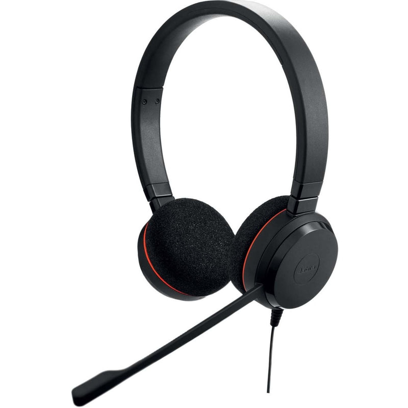 Three-quarter view of Jabra EVOLVE 20 headset highlighting dual ear cups and microphone positioning