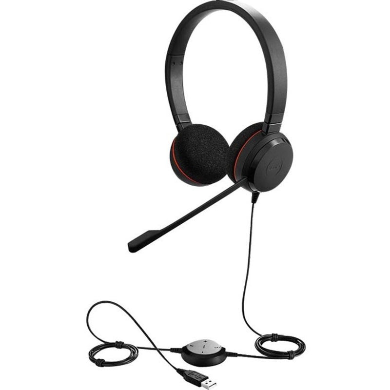 Jabra EVOLVE 20 headset with boom microphone and USB control unit shown from side angle