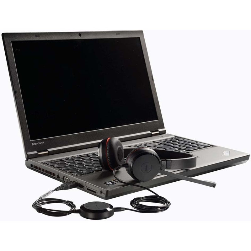 Jabra EVOLVE 20 headset shown with laptop setup and USB control unit