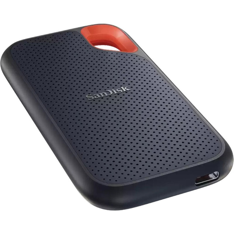 Angled perspective of SanDisk Extreme Portable SSD showing USB-C port and compact design