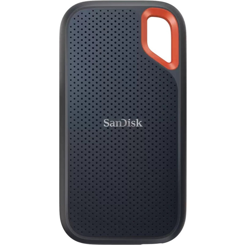 Angled view of SanDisk Extreme Portable SSD highlighting textured surface and protective shell