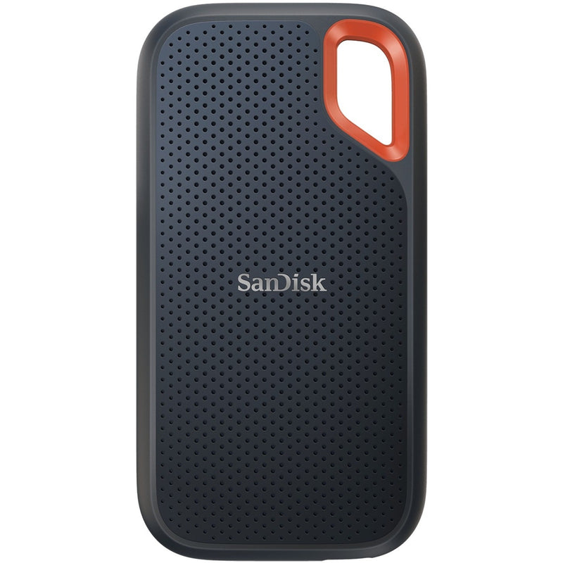 Front view of SanDisk Extreme Portable SSD showing perforated surface design and orange carabiner loop