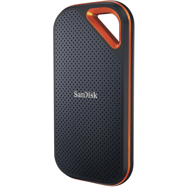 SanDisk Extreme PRO Portable SSD showing perforated black surface design with orange accent trim