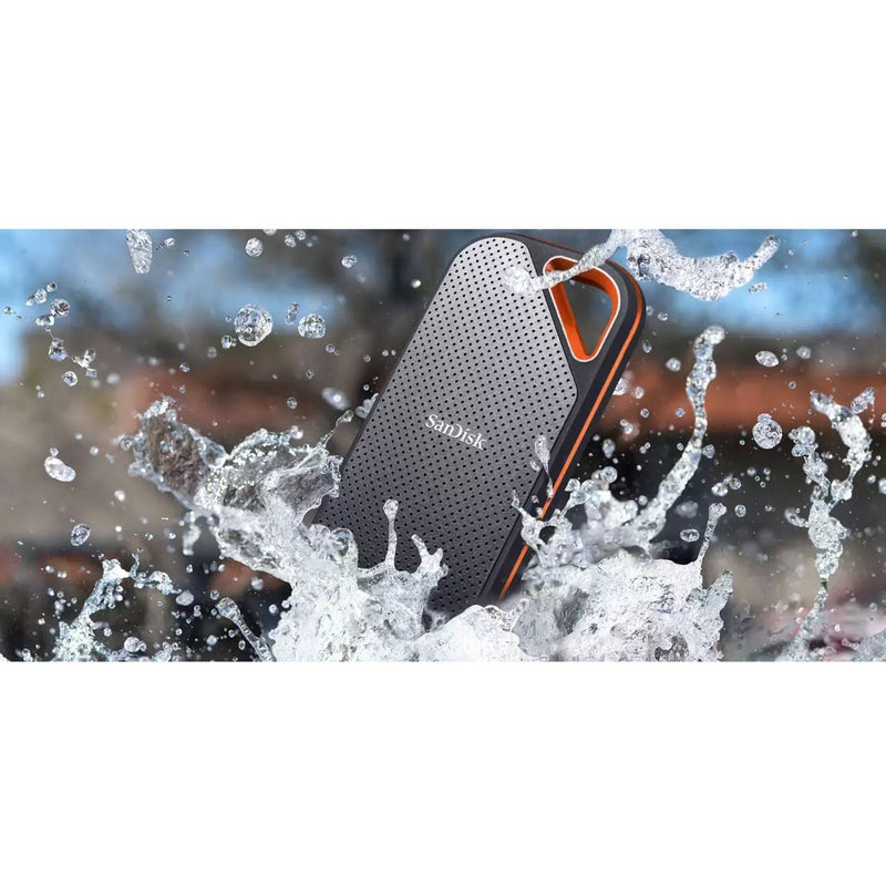 SanDisk Extreme PRO Portable SSD with water splashing around it demonstrating water resistance