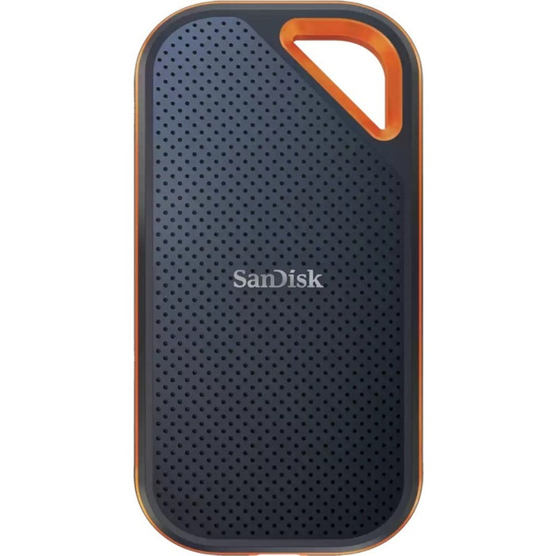 Front view of SanDisk Extreme PRO Portable SSD highlighting textured surface pattern and slim profile