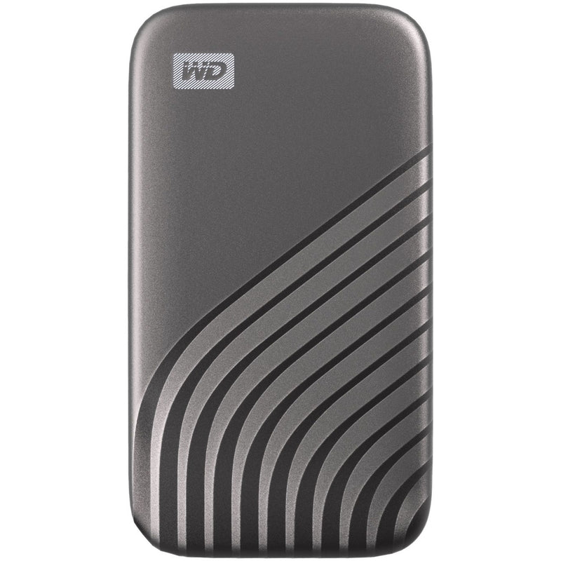 WD My Passport SSD in space gray with distinctive wave pattern design, front view