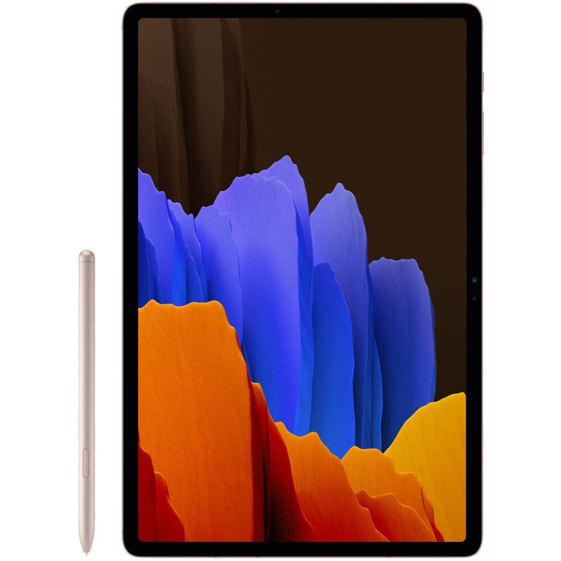 Samsung Galaxy Tab S7 tablet with S Pen stylus showing colorful abstract wallpaper on display