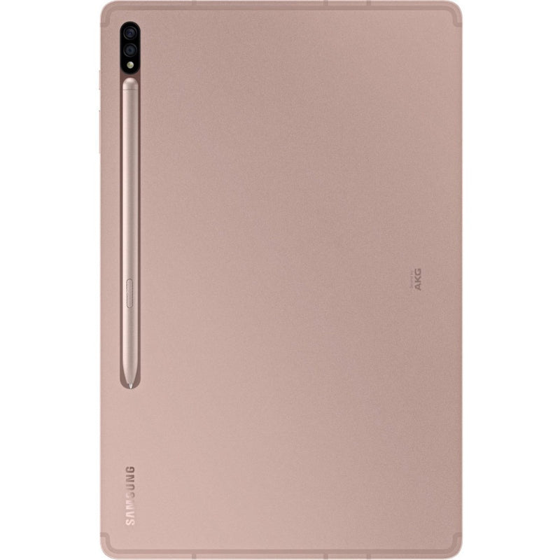 Back view of Galaxy Tab S7 showing dual camera setup and mystic bronze finish