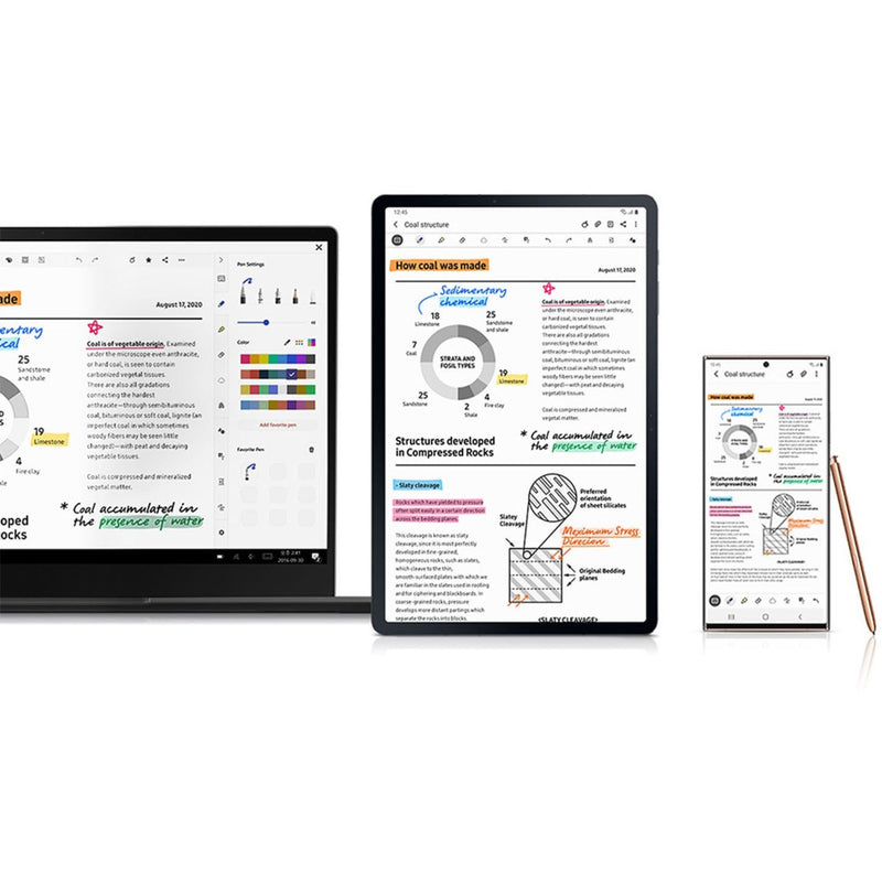 Multiple Galaxy Tab S7 devices showing Samsung Notes app with S Pen functionality