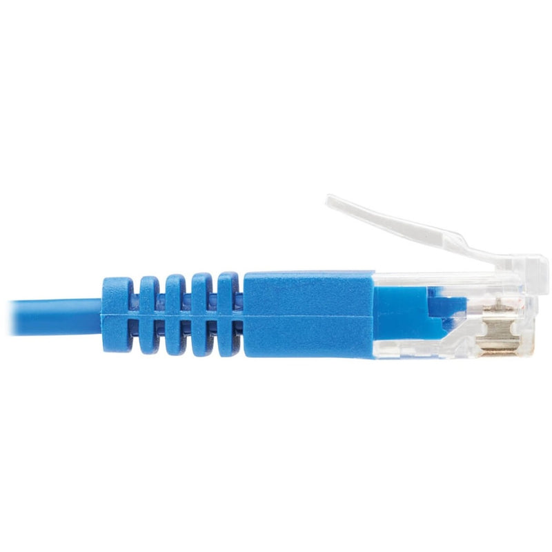 Side profile of blue Cat6 cable connector showing strain relief boot design