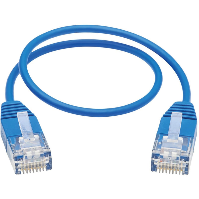 Full length view of blue ultra-slim Cat6 ethernet cable with connectors on white background