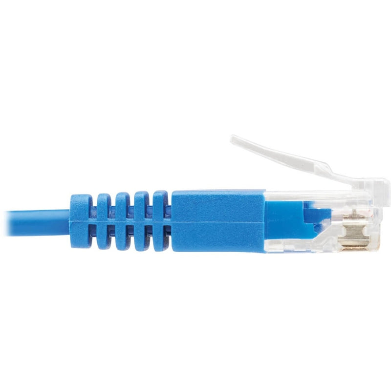 Side view of RJ45 connector showing blue strain relief boot design