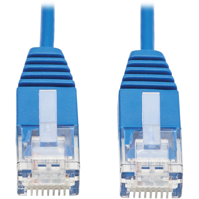 Close-up of gold-plated RJ45 connectors on blue Cat6a ethernet cable with strain relief boots