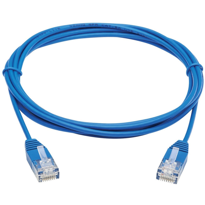 Full length view of slim blue Cat6a ethernet cable with connectors on white background