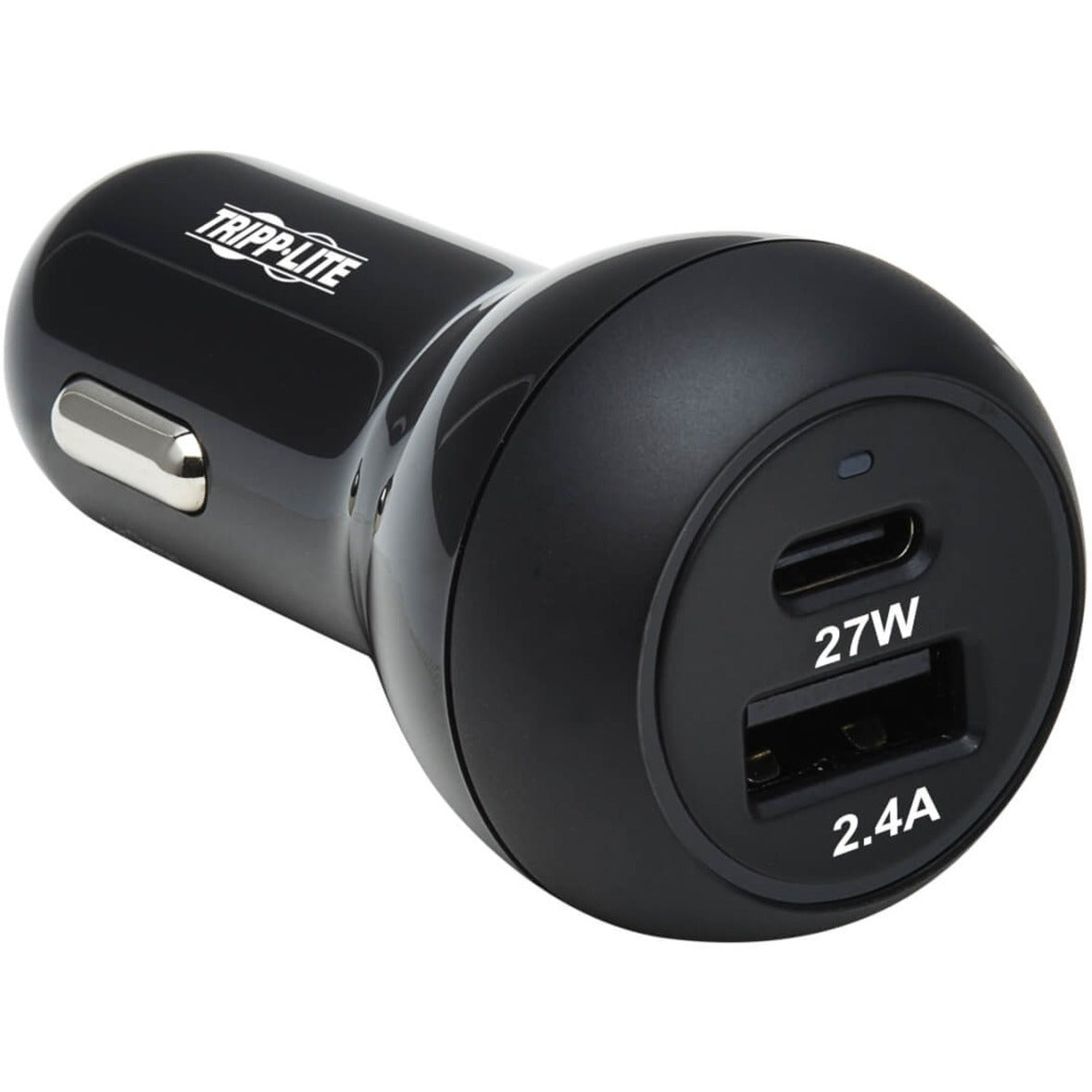 Close-up view of Tripp Lite dual USB car charger showing 27W USB-C and 2.4A USB-A ports-alternate-image1