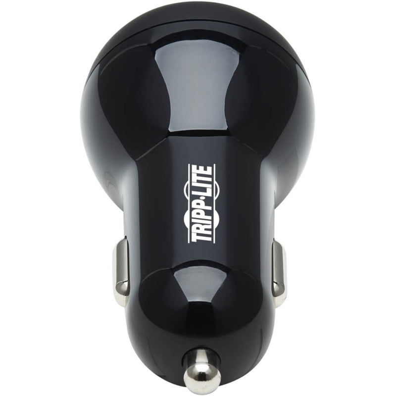 Rear angle view of Tripp Lite car charger highlighting glossy finish and premium design