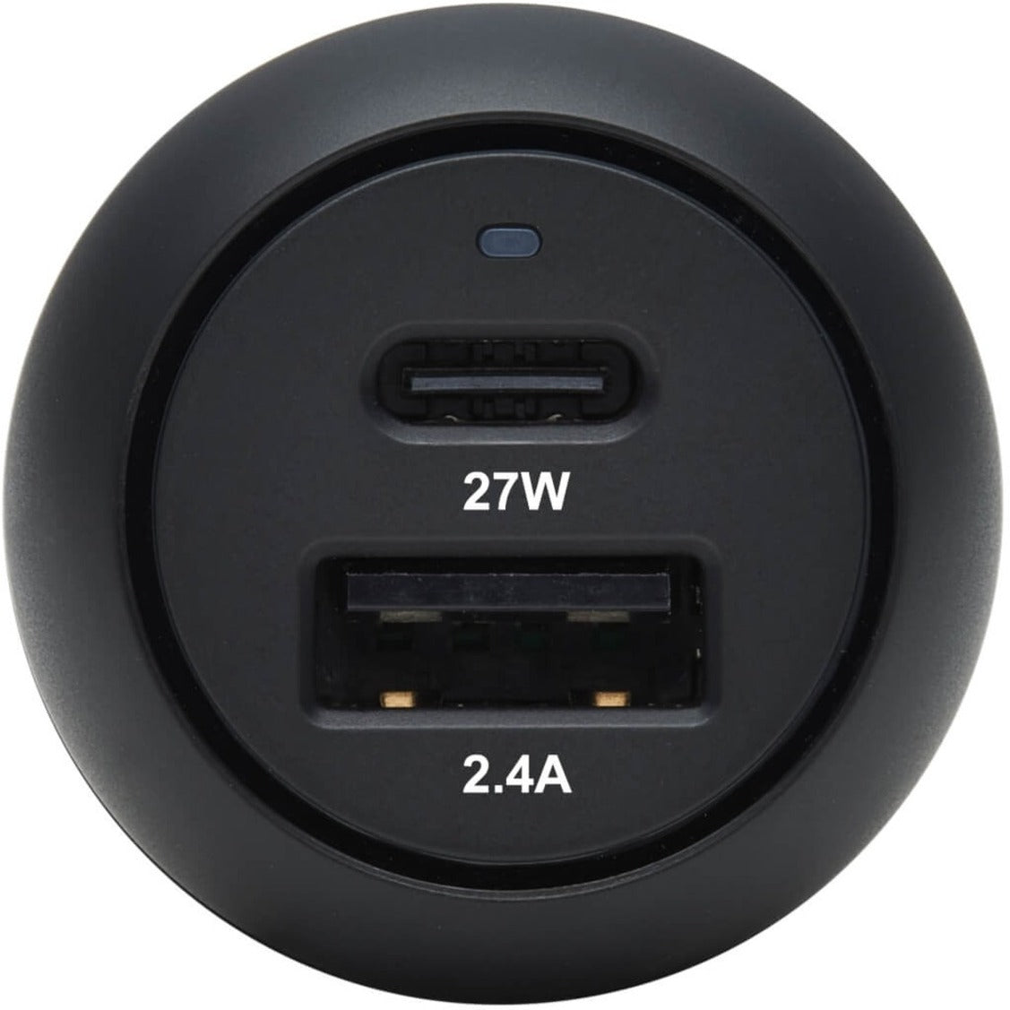 Direct front view of Tripp Lite car charger ports showing USB-C 27W and USB-A 2.4A specifications-alternate-image2