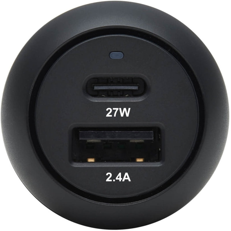 Direct front view of Tripp Lite car charger ports showing USB-C 27W and USB-A 2.4A specifications