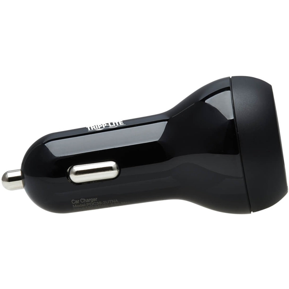 Side profile view of Tripp Lite car charger showing sleek black design and 12V connector-alternate-image3