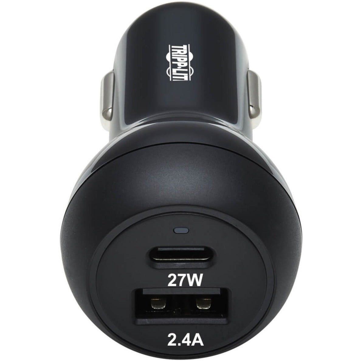 Top view of Tripp Lite car charger showing dual port configuration and power ratings-alternate-image4