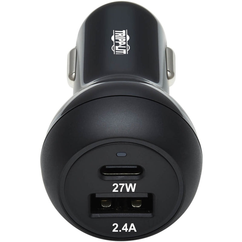 Top view of Tripp Lite car charger showing dual port configuration and power ratings