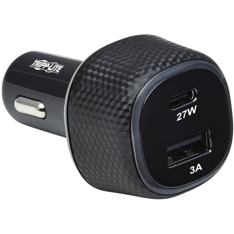 Close-up view of Tripp Lite dual-port car charger showing USB-C and USB-A ports with 27W and 3A power ratings