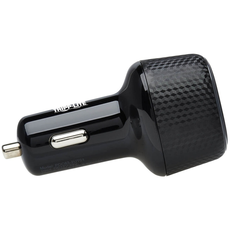 Side view of car charger showing carbon fiber texture pattern and sleek black finish